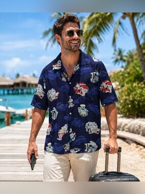 Matt Rider Hawaiian Camp Collar Shirt XL Car VTG Engine Print Vacation Button Up